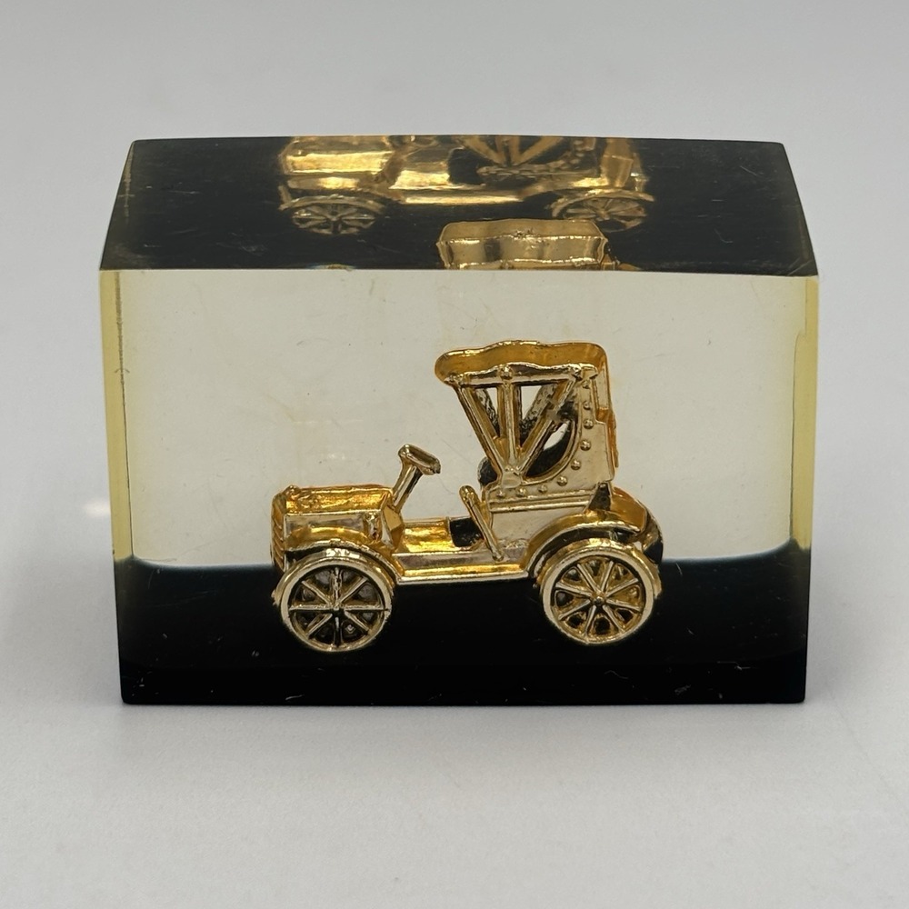 Vtg Lucite Acrylic Antique Gold Car Paperweight